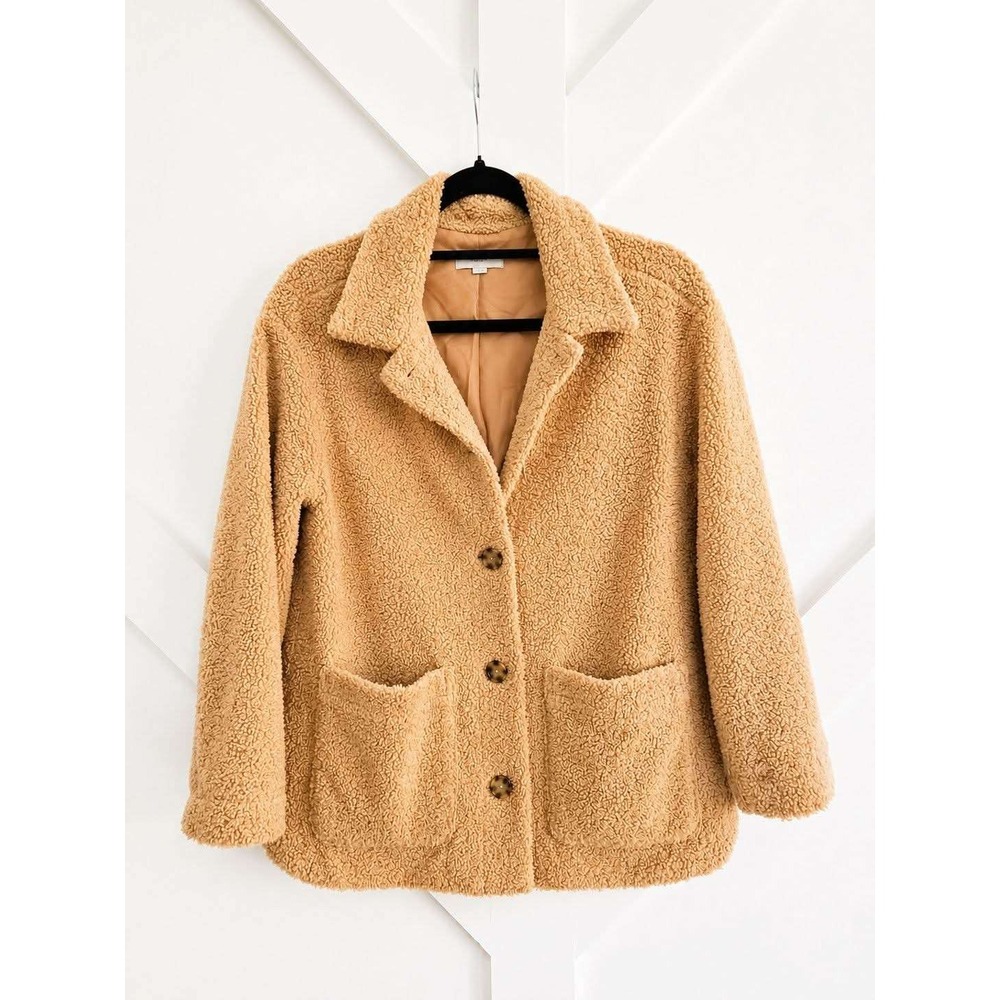 LOFT Teddy Jacket Women Small Petite Tan‎ Faux Shearling Sherpa Button Coat